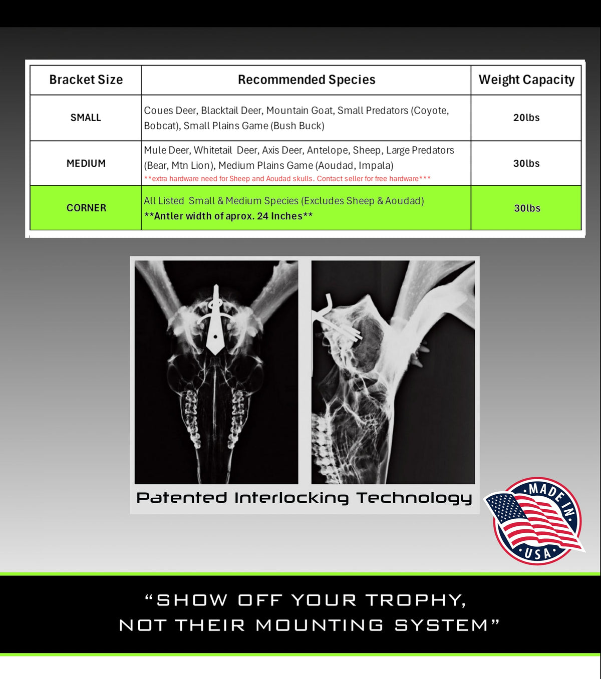 Desktop skull mount hanger installation instructions and packaging information with product specifications