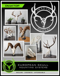 Multiple display options for desktop skull mounts showing various skull sizes and tabletop arrangements
